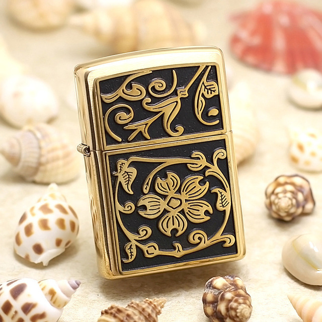 zippoLighter gold wire drawing stamp rich and noble flower20903