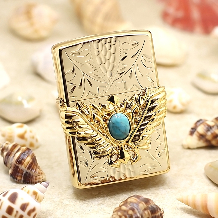 zippoLighter hand carved stamp wings(Golden turquoise)ZBT-5-7C