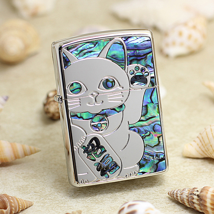 zippoLighter animal shell inlaid with fortune cat blue1201S685