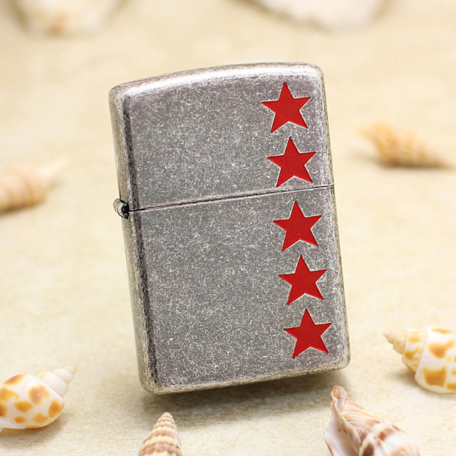 zippoLighter front red five-star five-pointed star(Archaize silver)ZBT-3-15B